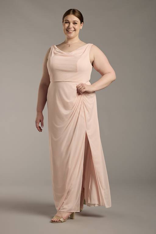 mesh cowl neck ruched maxi dress semi-sheer