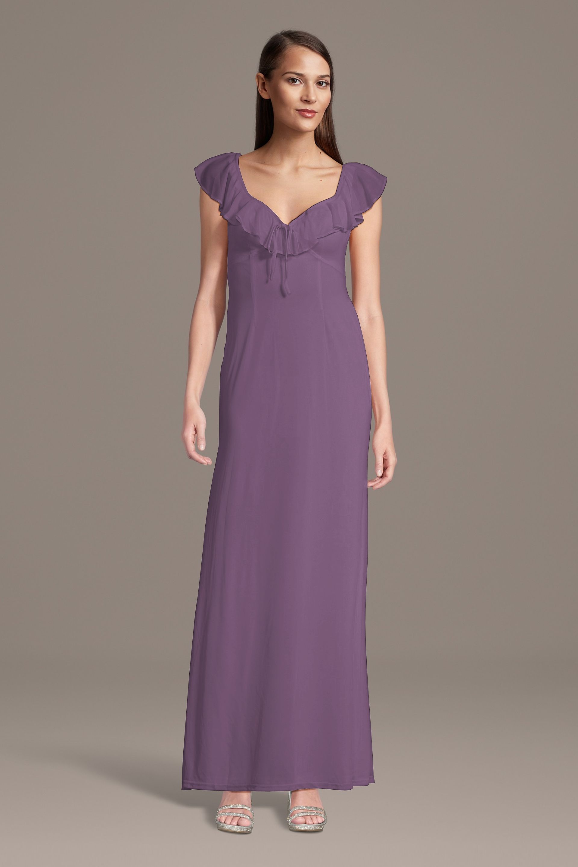 Picture of Mesh Ruffled V-Neck Sheath Dress with Tie