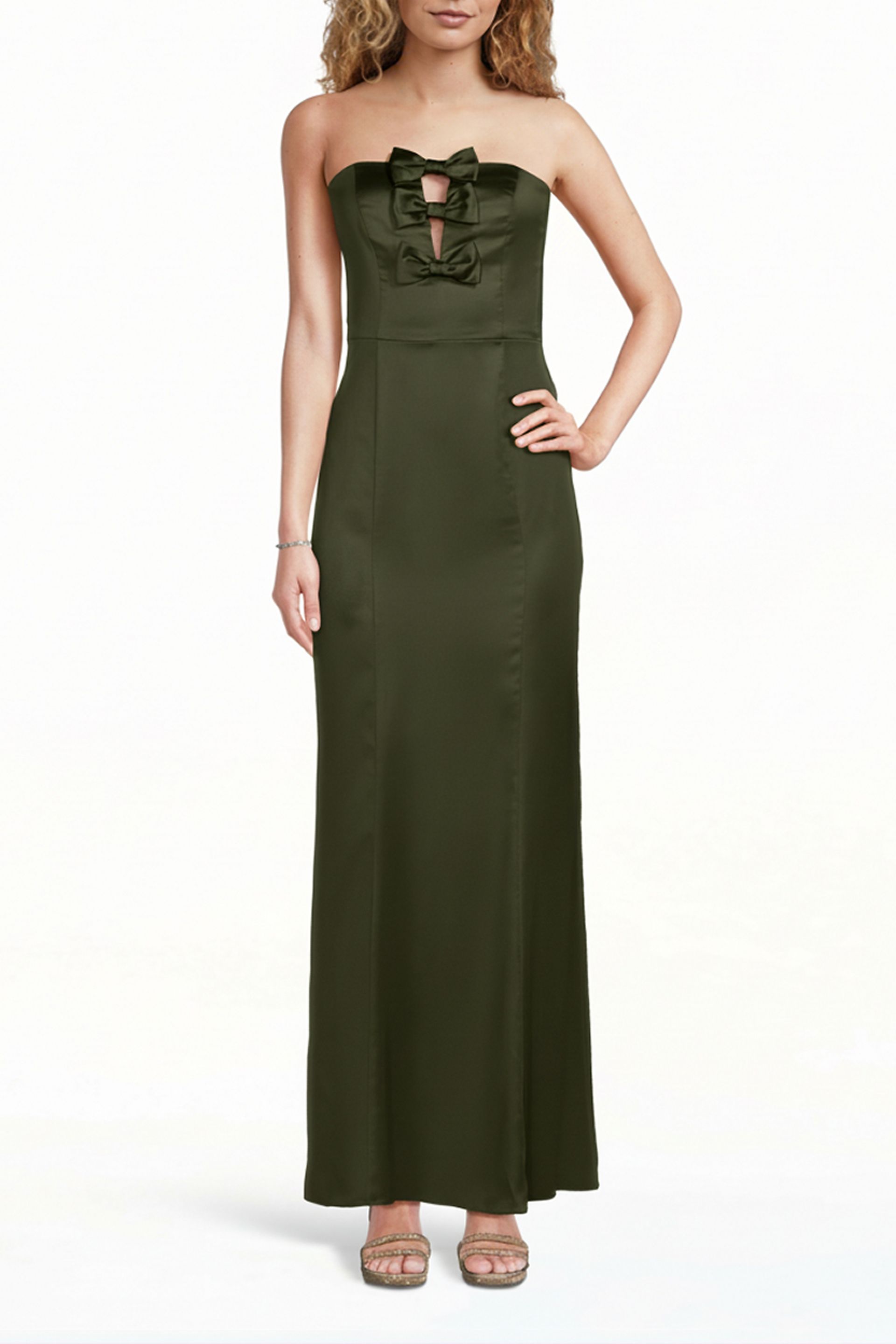 The Edit By DB Studio Stretch Satin Bow-Front Sheath Dress in Martini Olive Size: 10 David's Bridal
