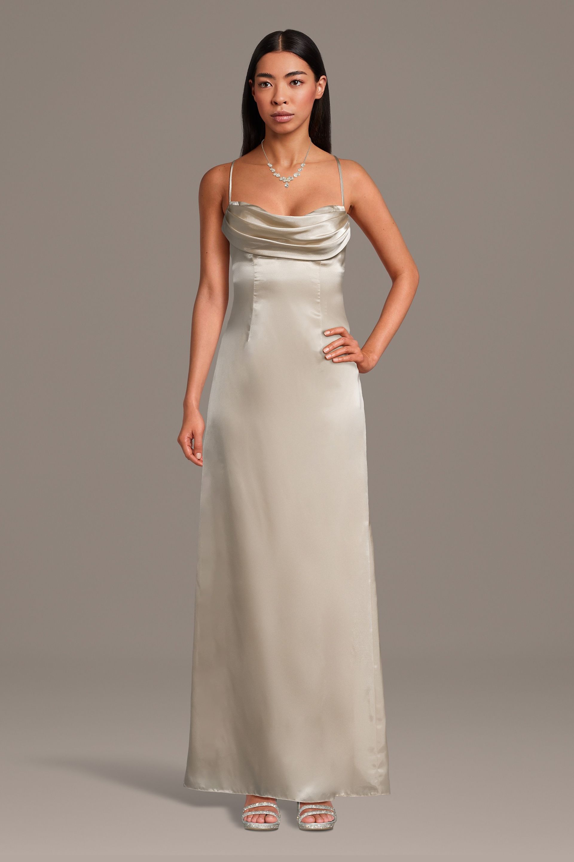 The Edit By DB Studio Charmeuse Cowl Neck Spaghetti Strap Sheath Dress in Champagne Size: Large David's Bridal