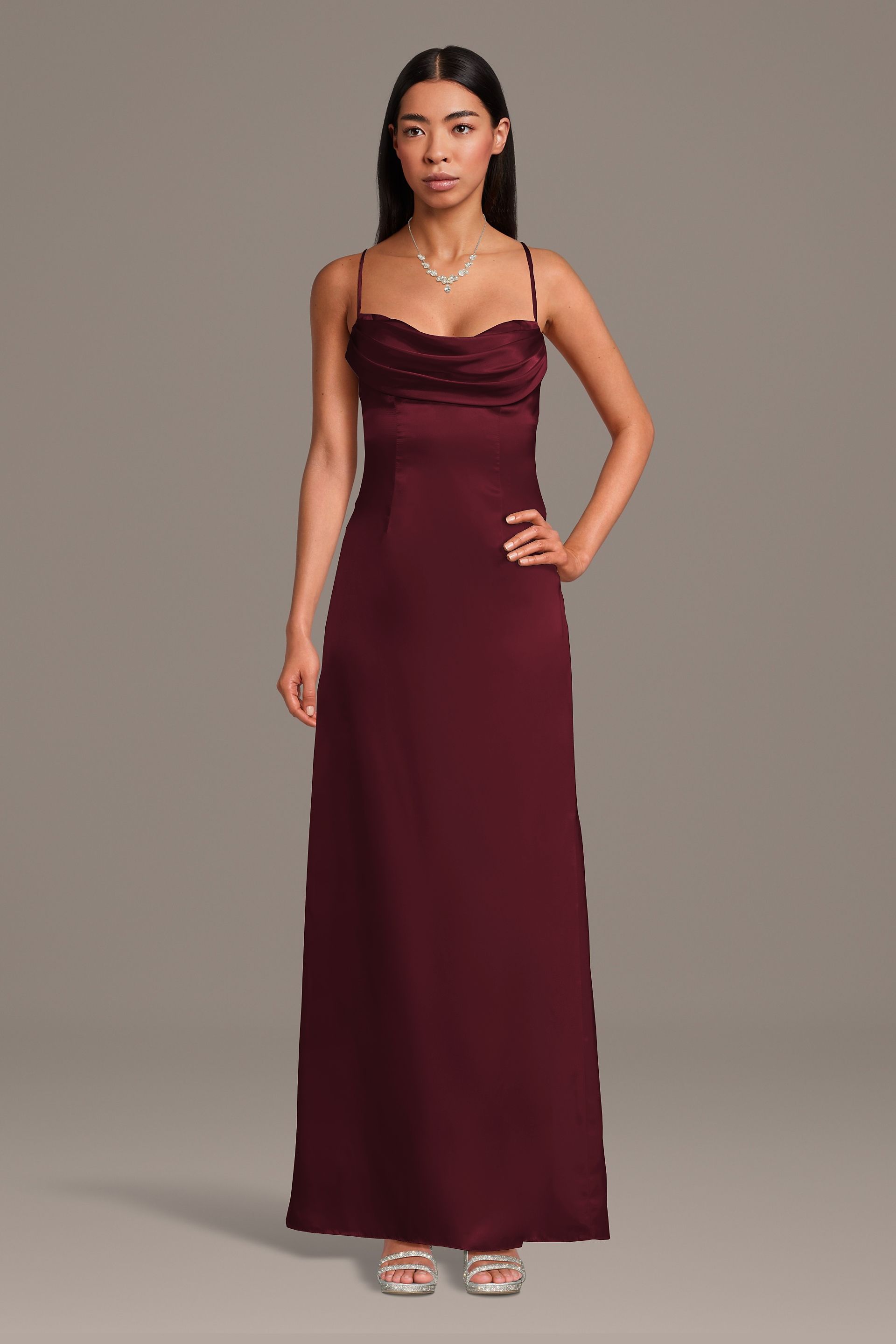 The Edit By DB Studio Charmeuse Cowl Neck Spaghetti Strap Sheath Dress in Wine Size: 1X David's Bridal