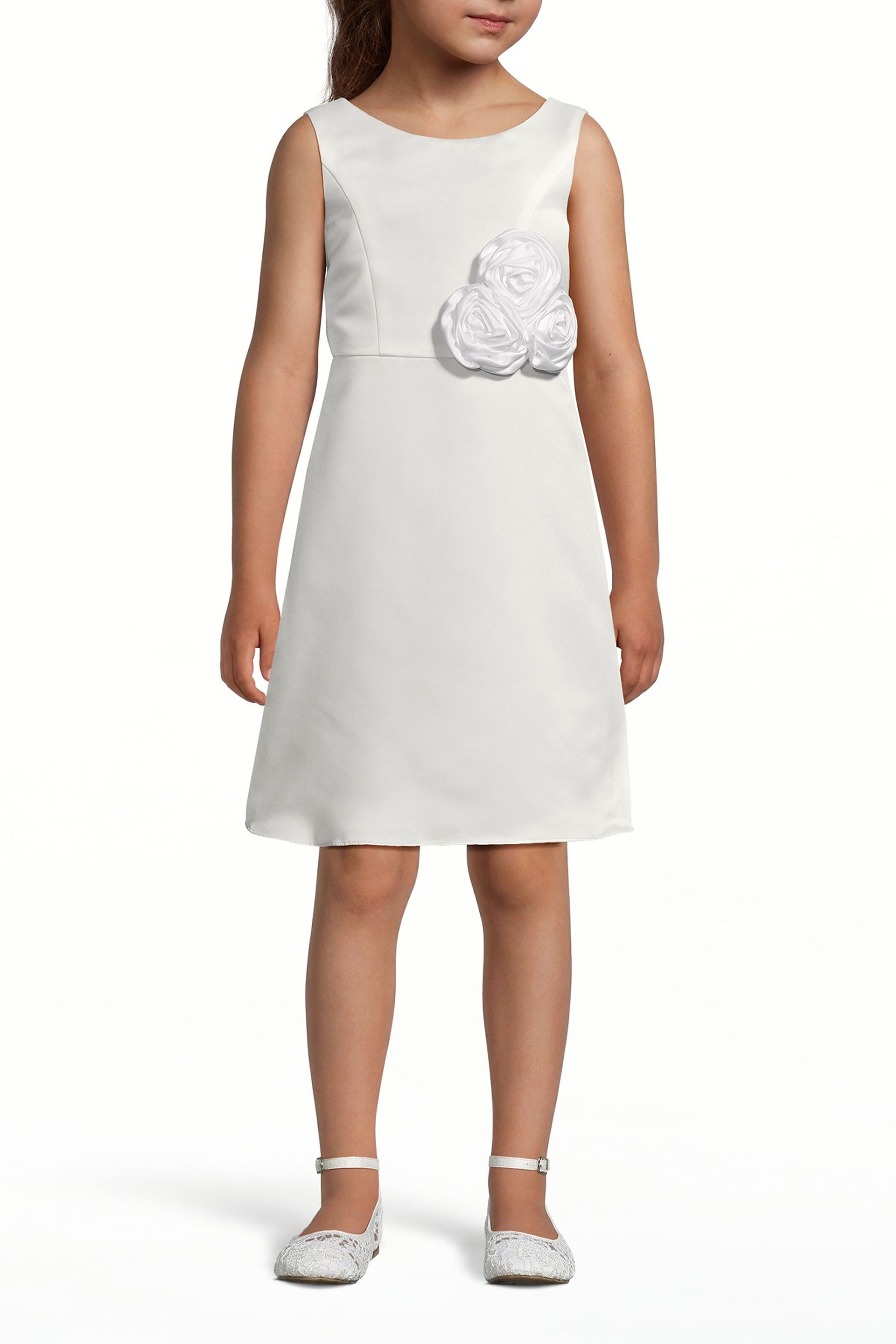 The Edit By DB Studio Satin Tank Flower Girl Dress With Rosettes in Soft White Size: 8 David's Bridal