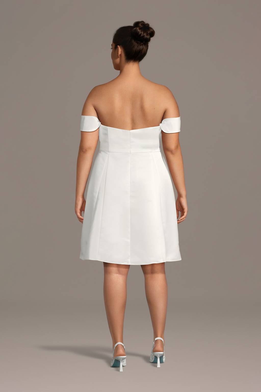 off shoulder satin mini dress Primrose White Satin Off the Shoulder Mini Dress - US 12