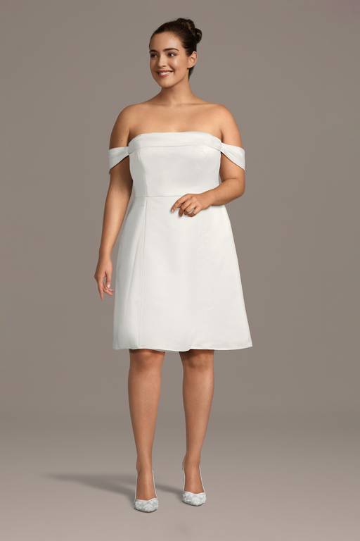off the shoulder dress david's bridal Off-the-Shoulder Satin Mini Dress