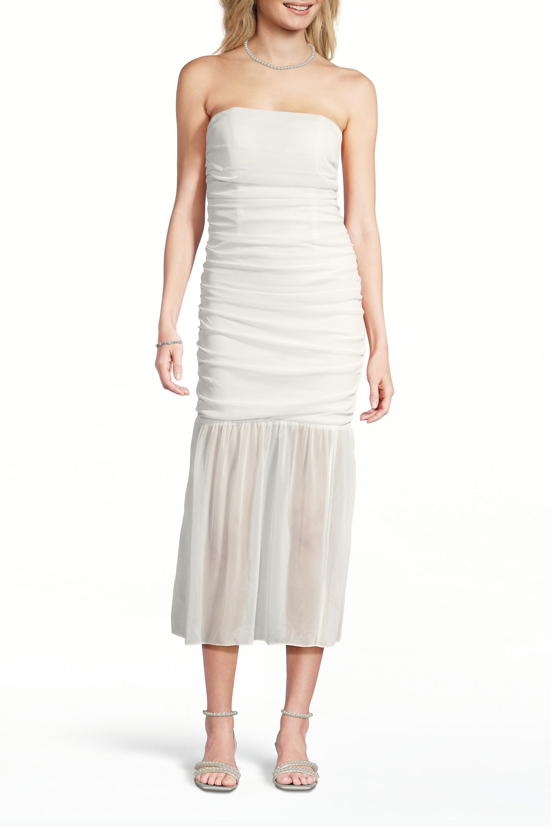 The Edit By DB Studio Strapless Mesh Drop Waist Midi Dress in Soft White Size: Small David's Bridal