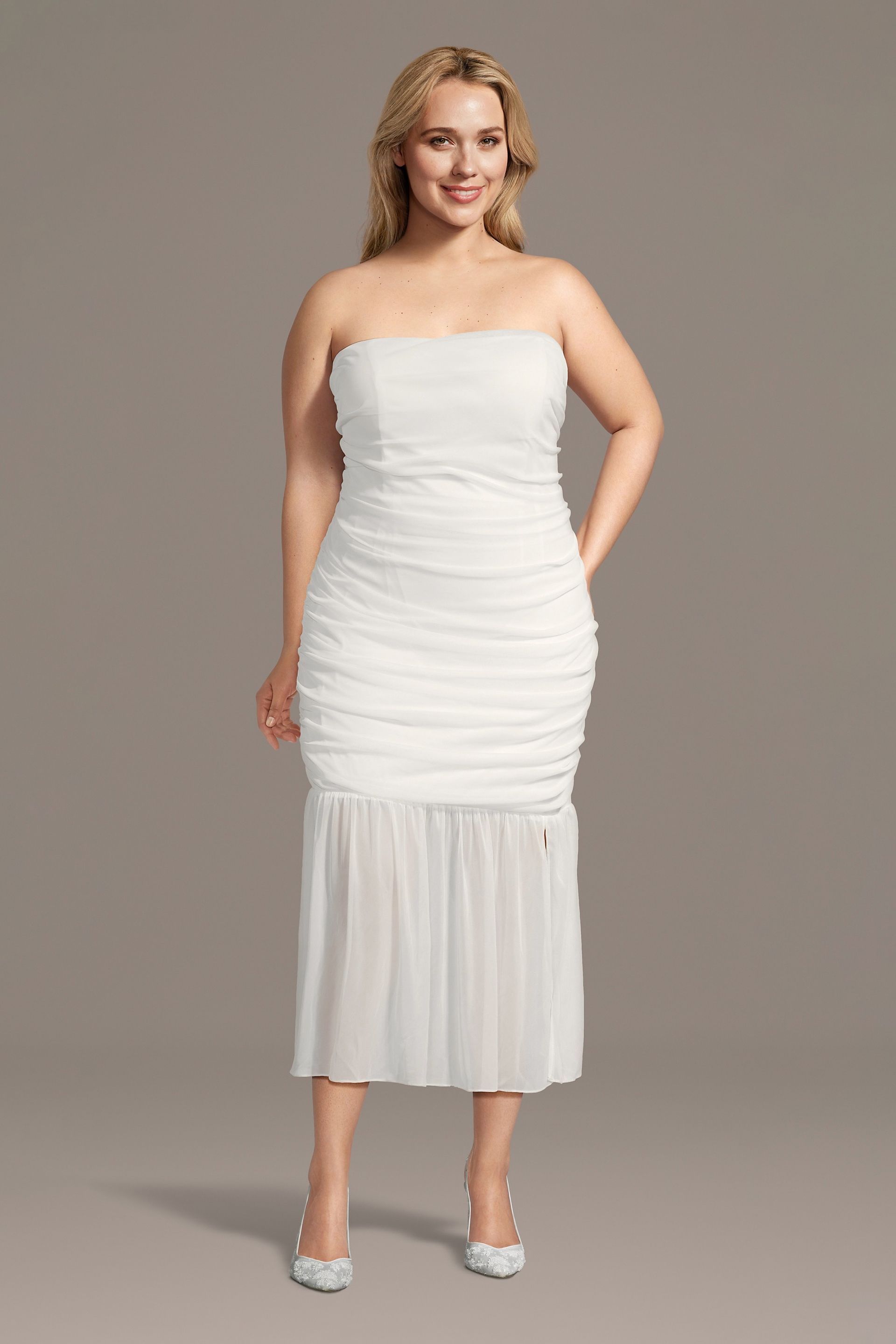 The Edit By DB Studio Strapless Mesh Drop Waist Midi Dress in Soft White Size: 3X David's Bridal