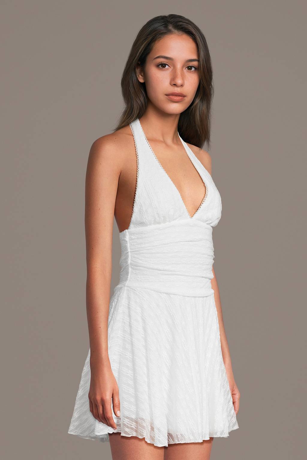 stretch lace halter mini dress Angelic Beauty Halter Lace Mini Dress (White)
