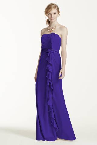 View David's Bridal Long Strapless Dress with Front Ruffle Cascade in all available color and sizes Picture of Long Strapless Dress with Front Ruffle Cascade
