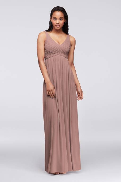 david's bridal long mesh dress with cowl back detail As Is Mesh Long Bridesmaid Dress with Crisscross B