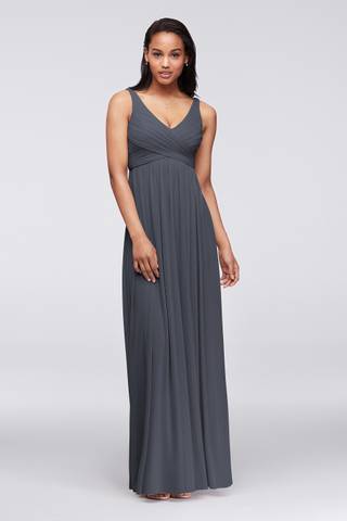 View David's Bridal Long Mesh Dress with Cowl Back Detail in all available color and sizes Picture of Long Mesh Dress with Cowl Back Detail