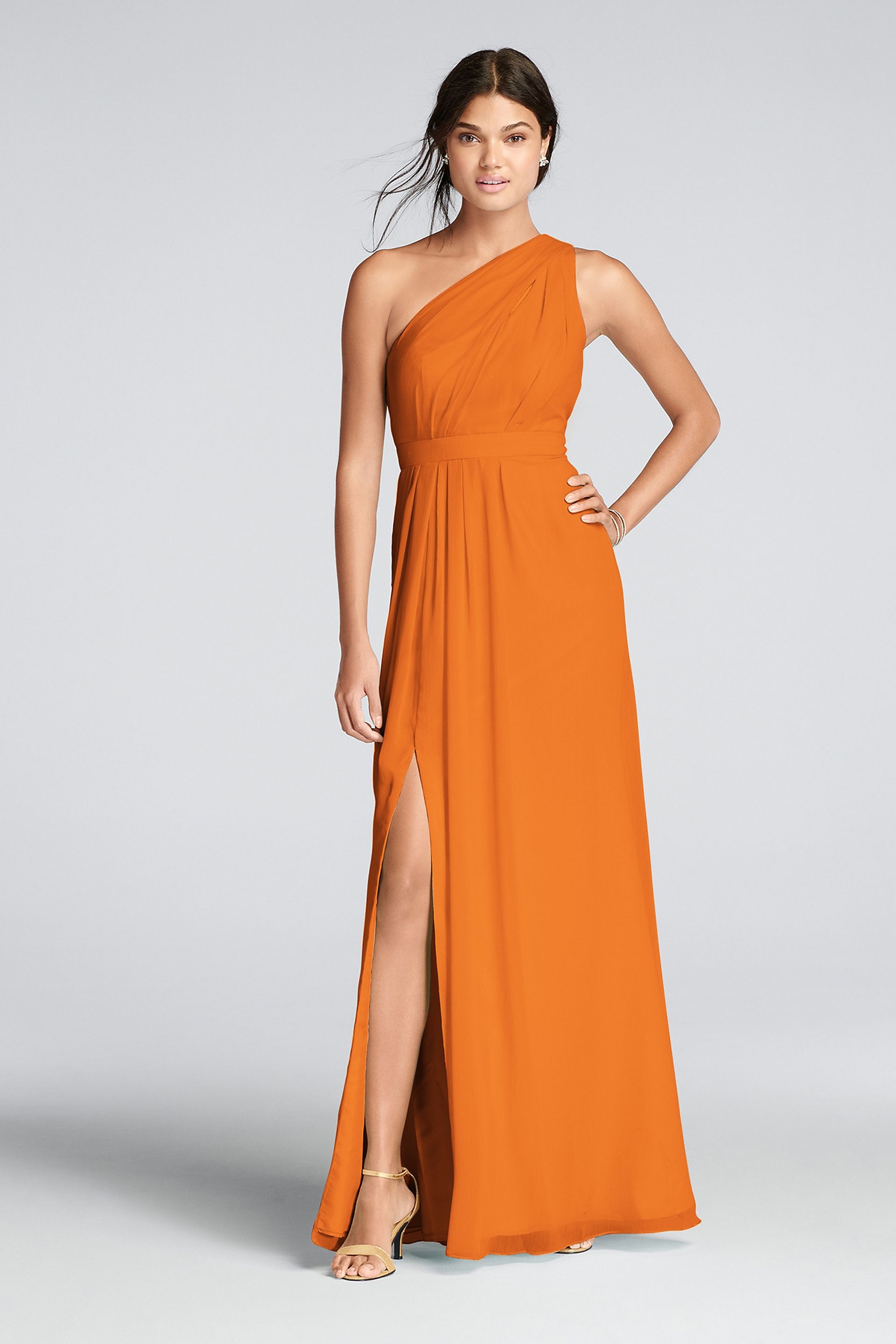 long one-shoulder crinkle chiffon dress Long Chiffon Dress with Asymmetric Neckline