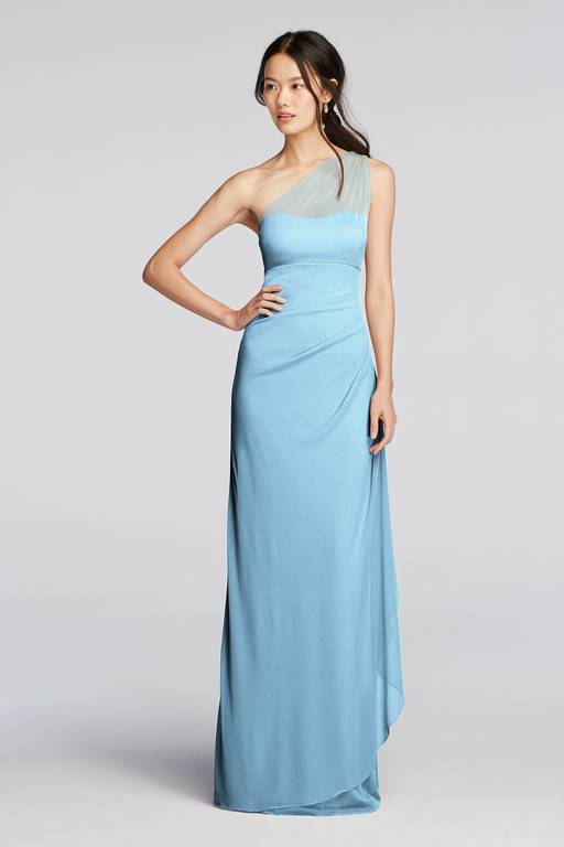 long mesh one shoulder illusion dress Light Blue Ruched Mesh One Shoulder Maxi Dress Featuring an asymmetrical neckline and a single shoulder strap Long Mesh One Shoulder Illusion