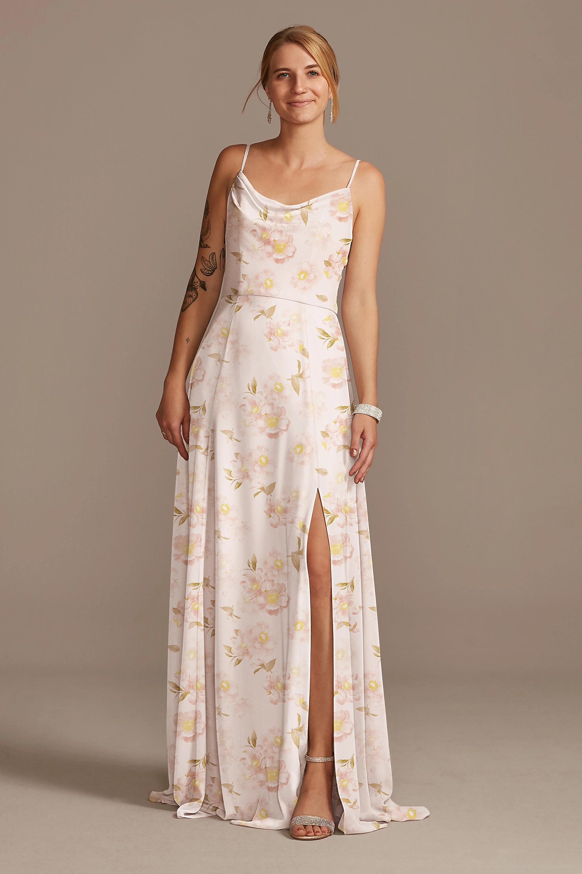Picture of Cowl Neck Floral Print Chiffon Dress with Slit