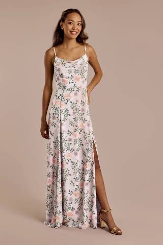 blush pink floral bridesmaid dresses Zapakasa Women Print Blush Bridesmaid Dress A-line Wedding Party Dress with Ruffle, Blush / US20W