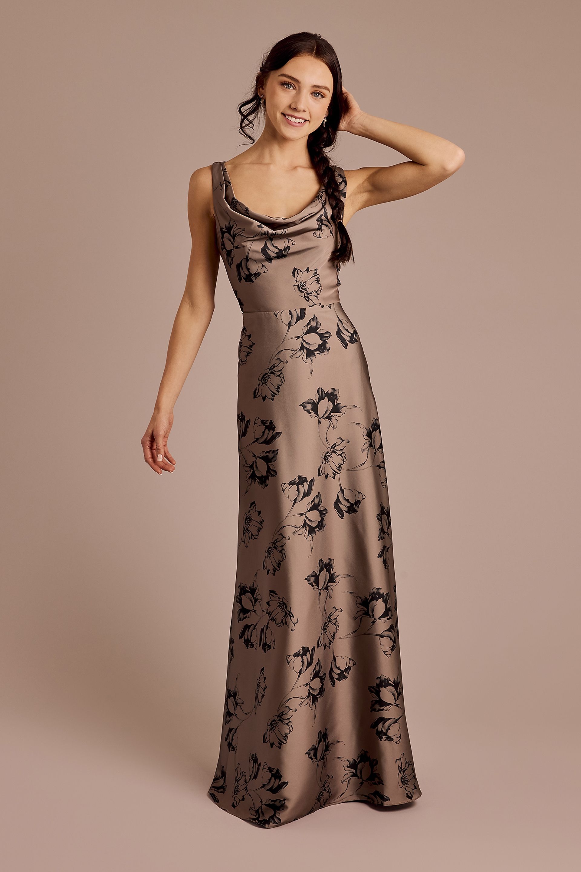 Picture of Floral Matte Satin Cowl Neck Tie Back Dress