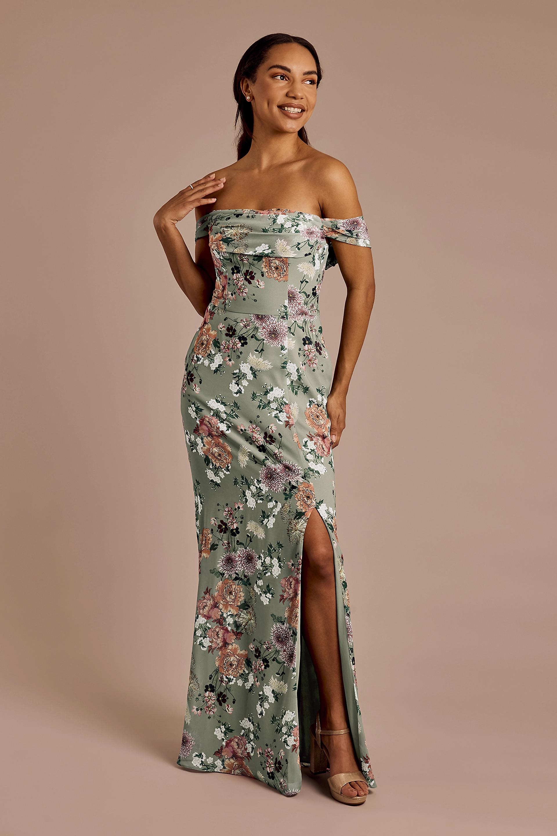 Celebrate DB Studio Floral Print Chiffon Off-The-Shoulder Draped Dress in Multi Meadow Floral Print Size: 4 David's Bridal