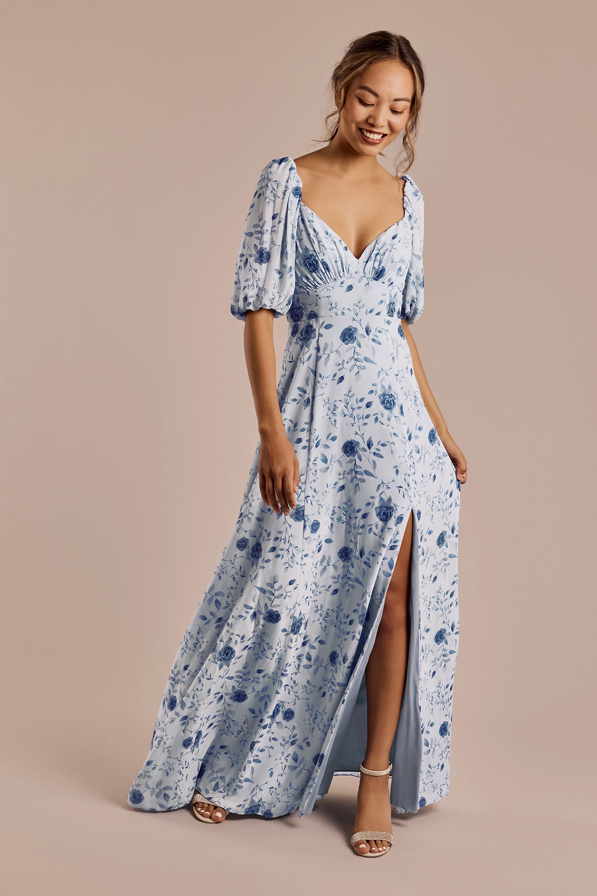 Celebrate DB Studio Floral Chiffon Short Sleeve A-Line Dress in Dusty Blue Rose Floral Print Size: 10 David's Bridal