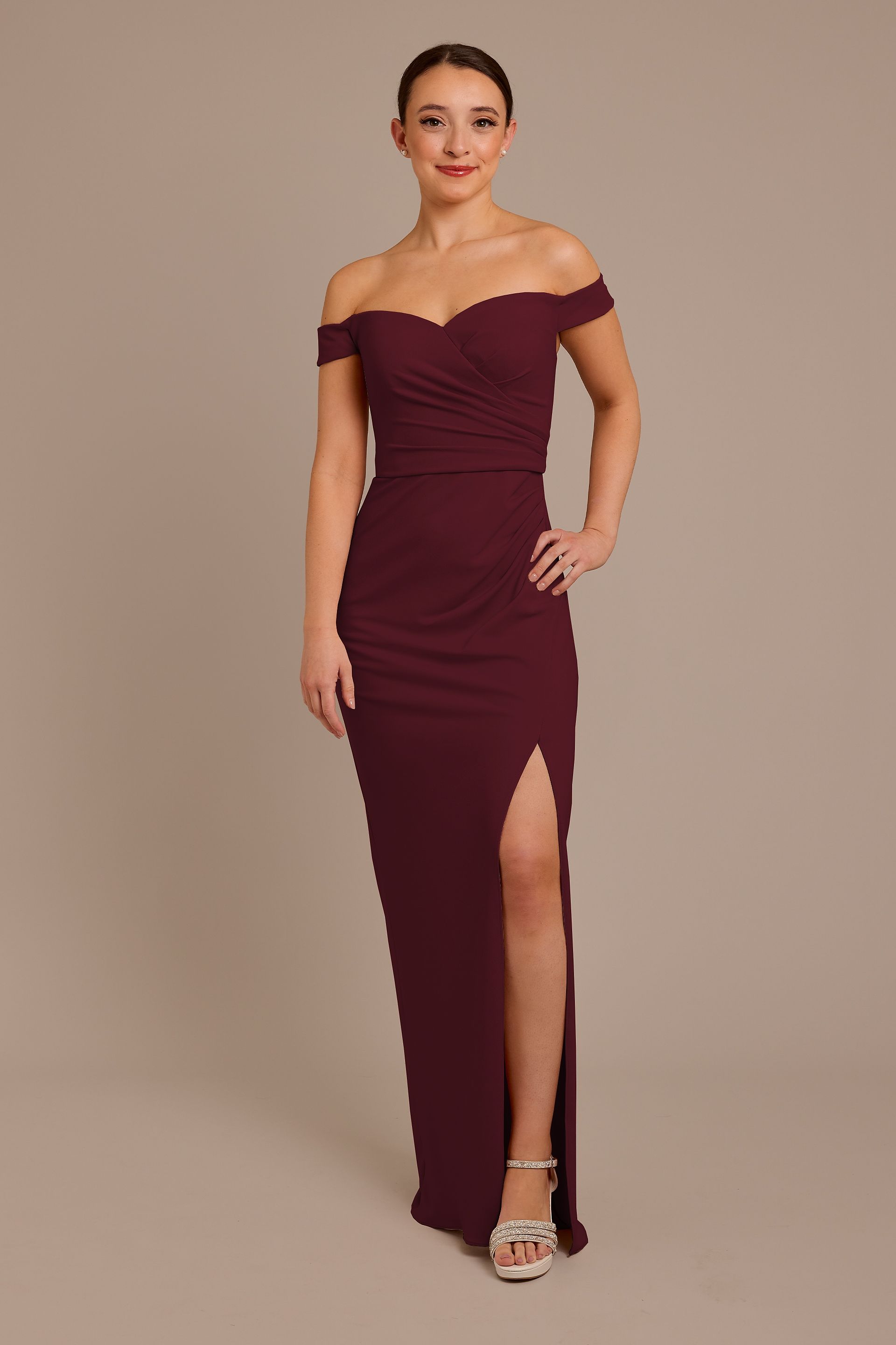 Celebrate DB Studio Structured Crepe Off-The-Shoulder Dress in Wine Size: 24 David's Bridal