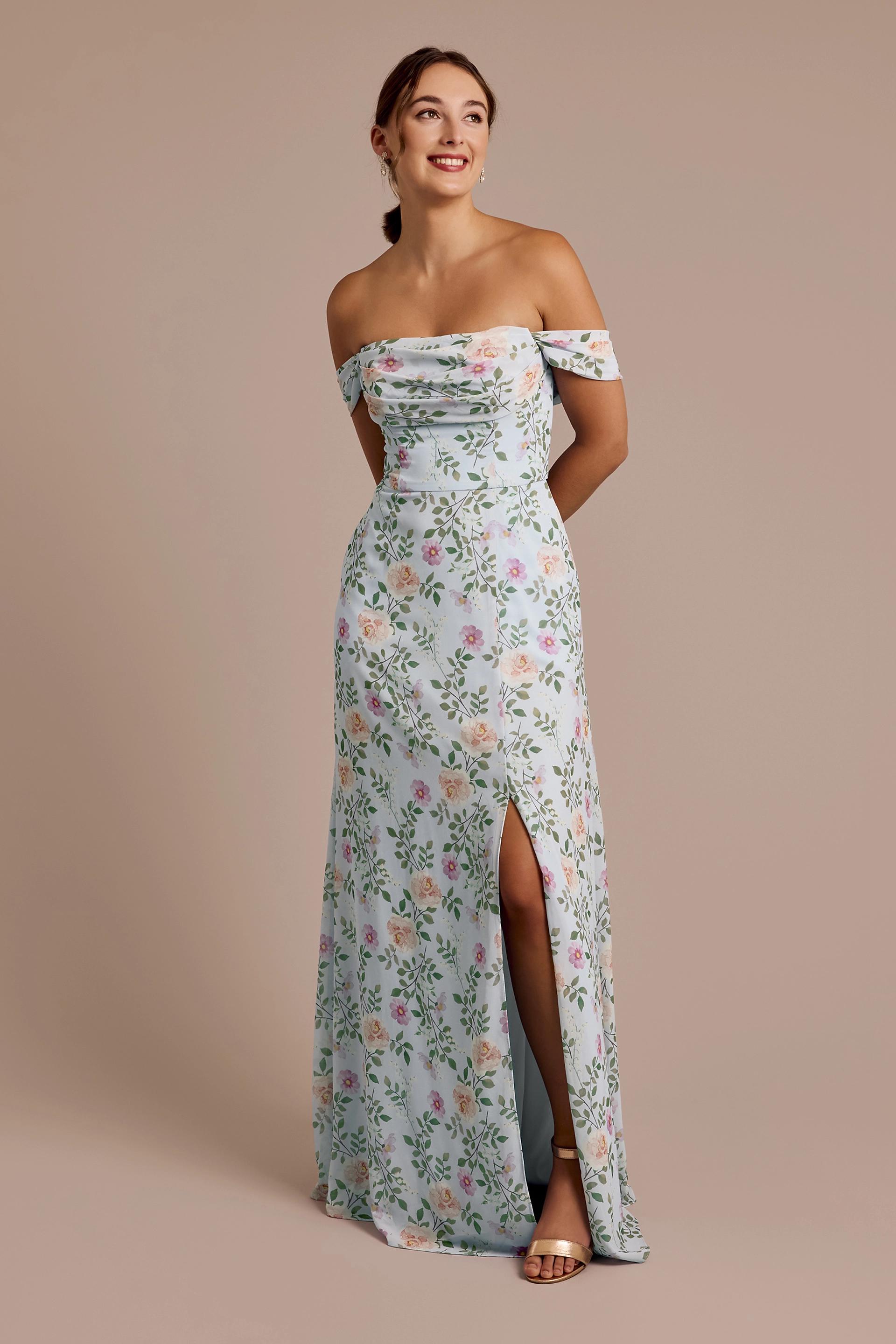 Celebrate DB Studio Floral Print Chiffon Off-The-Shoulder Draped Dress in Light Blue Floral Print Size: 16 David's Bridal