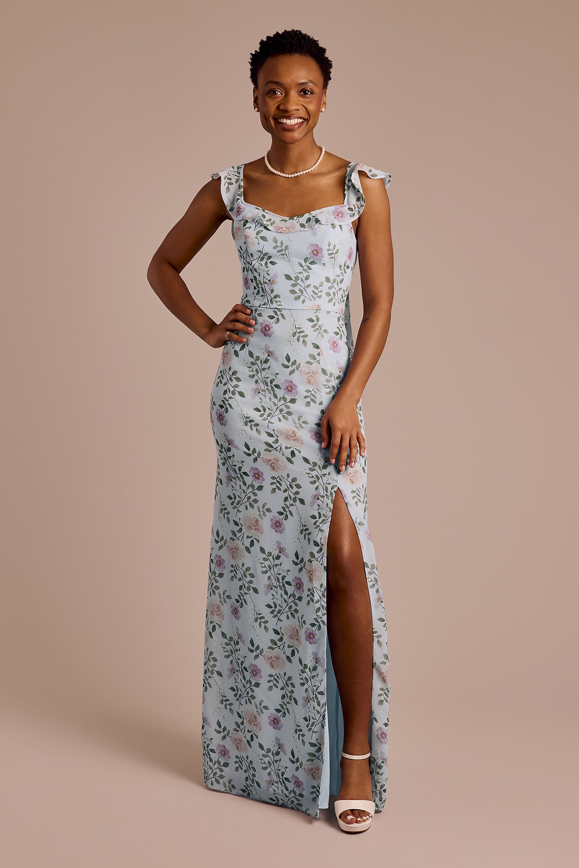 View Celebrate DB Studio Ruffle Strap Scoop Neck Floral Chiffon Dress in all available color and sizes Picture of Ruffle Strap Scoop Neck Floral Chiffon Dress