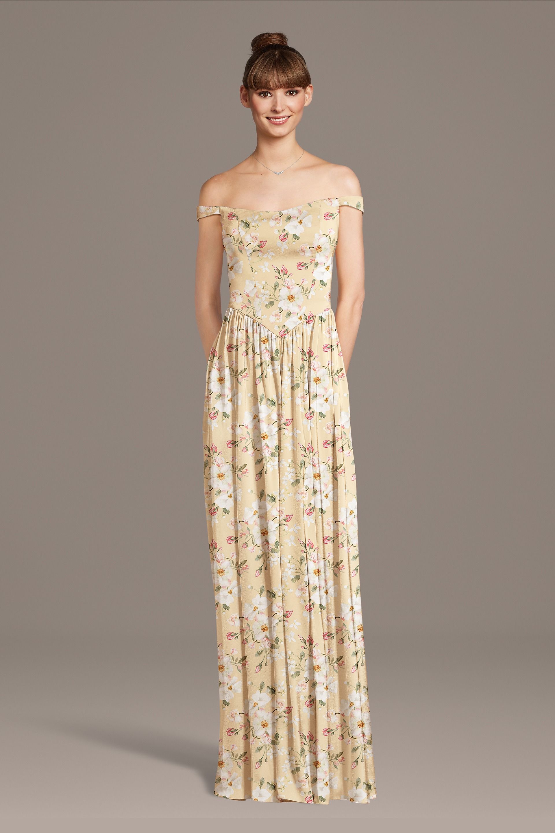 Celebrate DB Studio Floral Matte Satin Off-The-Shoulder Basque Dress in Yellow Romantic Floral Print Size: Medium David's Bridal