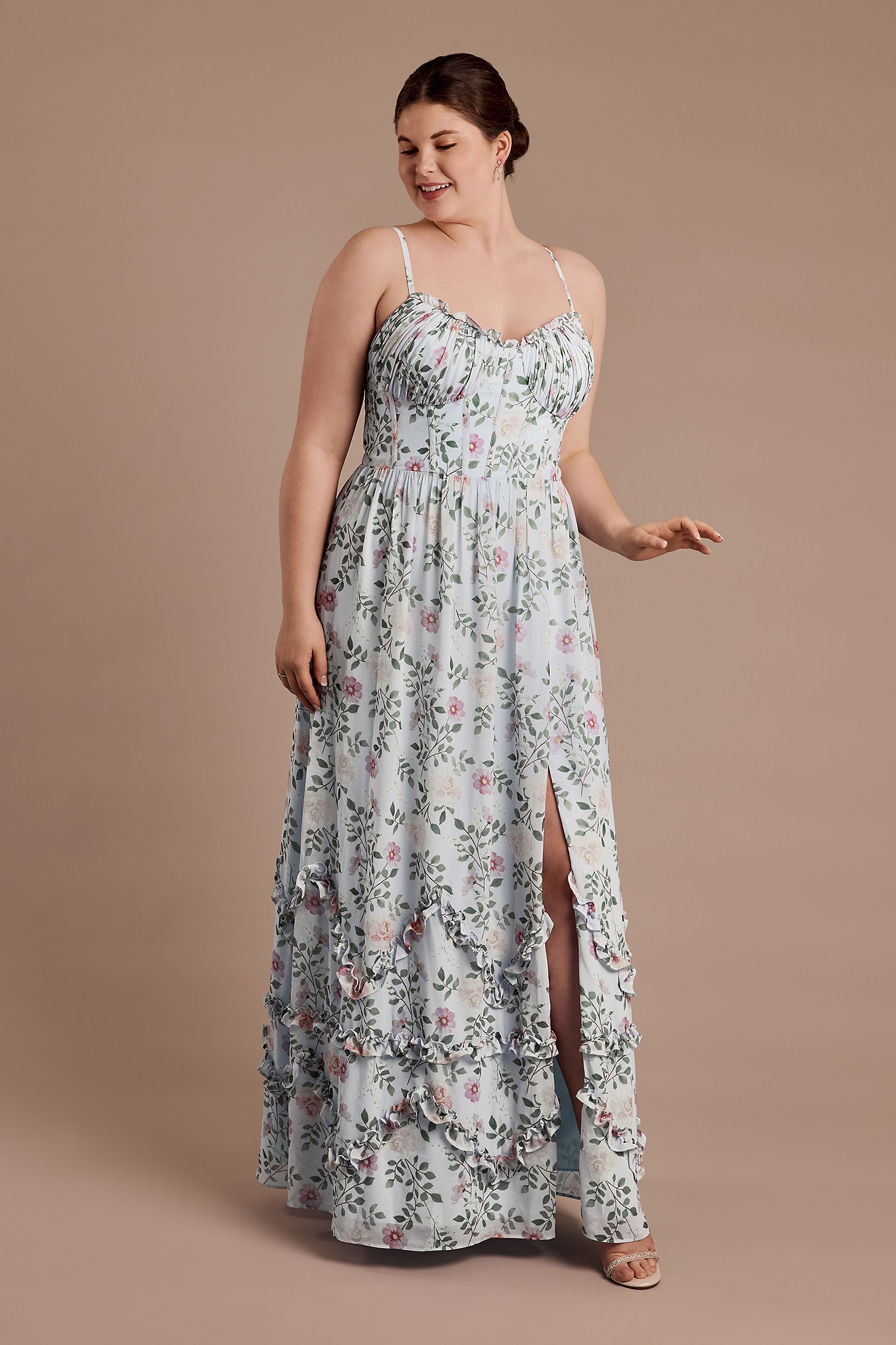 View Celebrate DB Studio Ruffled Floral Chiffon Spaghetti Strap Dress in all available color and sizes Picture of Ruffled Floral Chiffon Spaghetti Strap Dress