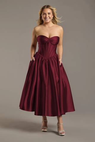 View Celebrate DB Studio Satin Strapless Drop Waist Midi Dress in all available color and sizes Picture of Satin Strapless Drop Waist Midi Dress