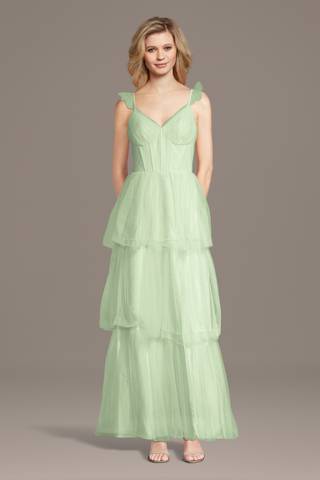 View Celebrate DB Studio Tulle Ruffle Strap A-Line Dress with Tiered Skirt in all available color and sizes Picture of Tulle Ruffle Strap A-Line Dress with Tiered Skirt