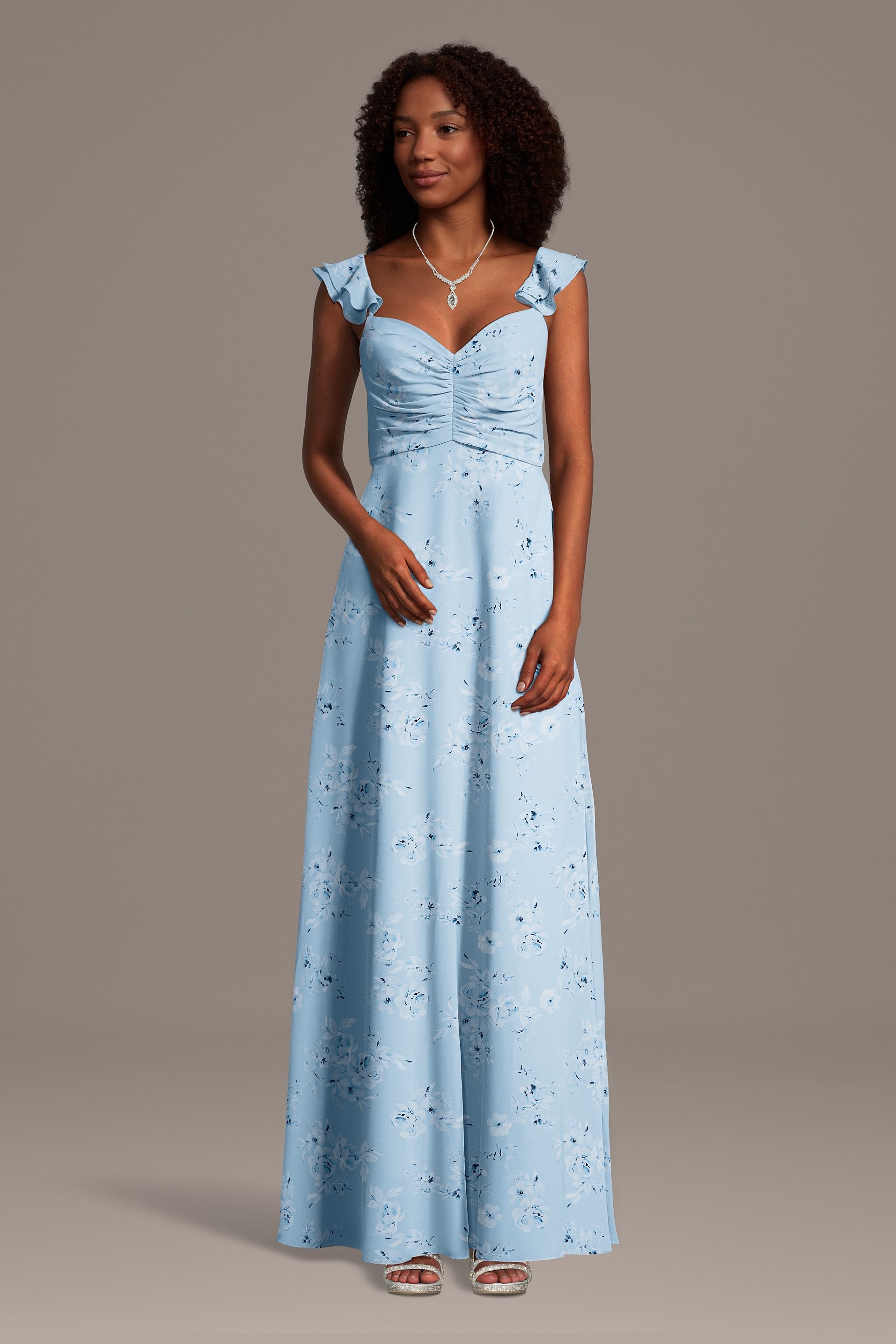 Picture of Floral Chiffon Ruffle Sleeve Ruched A-Line Dress