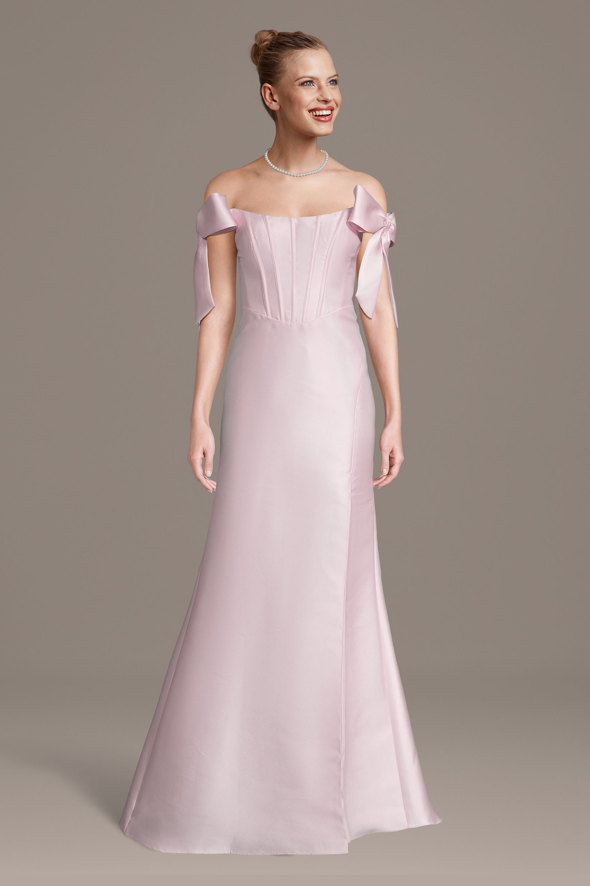 Celebrate DB Studio Bow Shoulder Mikado Mermaid Dress in Pastel Pink Size: XS David's Bridal