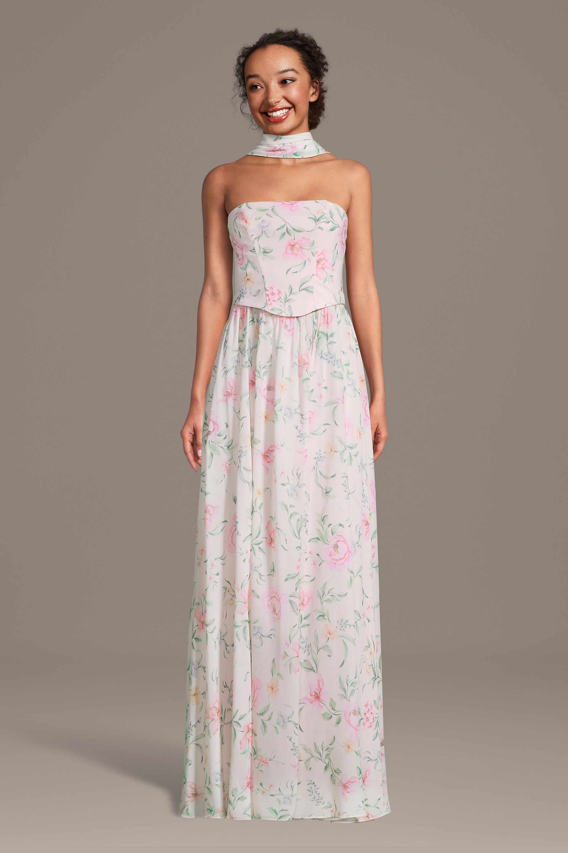 Celebrate DB Studio Floral Print Chiffon Faux Two-Piece A-Line Dress in Multi Garden Floral Print Size: Medium David's Bridal