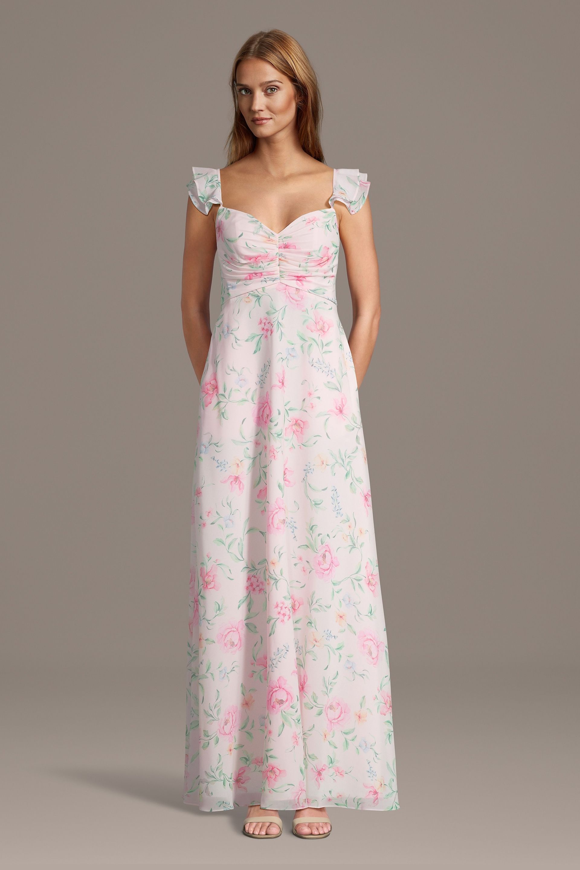 Celebrate DB Studio Floral Chiffon Ruffle Sleeve Ruched A-Line Dress in Multi Garden Floral Print Size: Medium David's Bridal