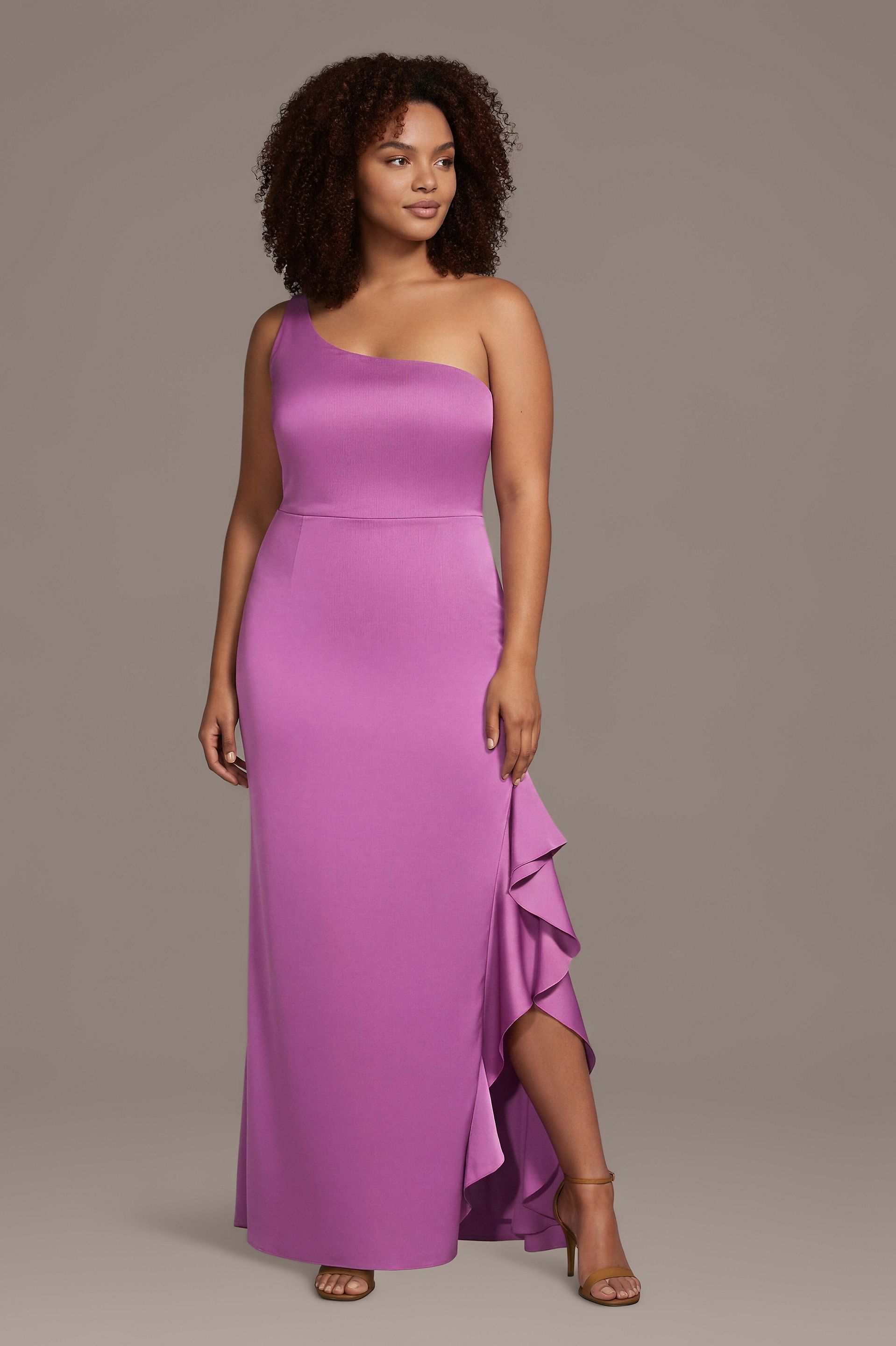 Celebrate DB Studio Matte Satin One-Shoulder Sheath Dress With Ruffle in Purple Orchid Size: 2X David's Bridal