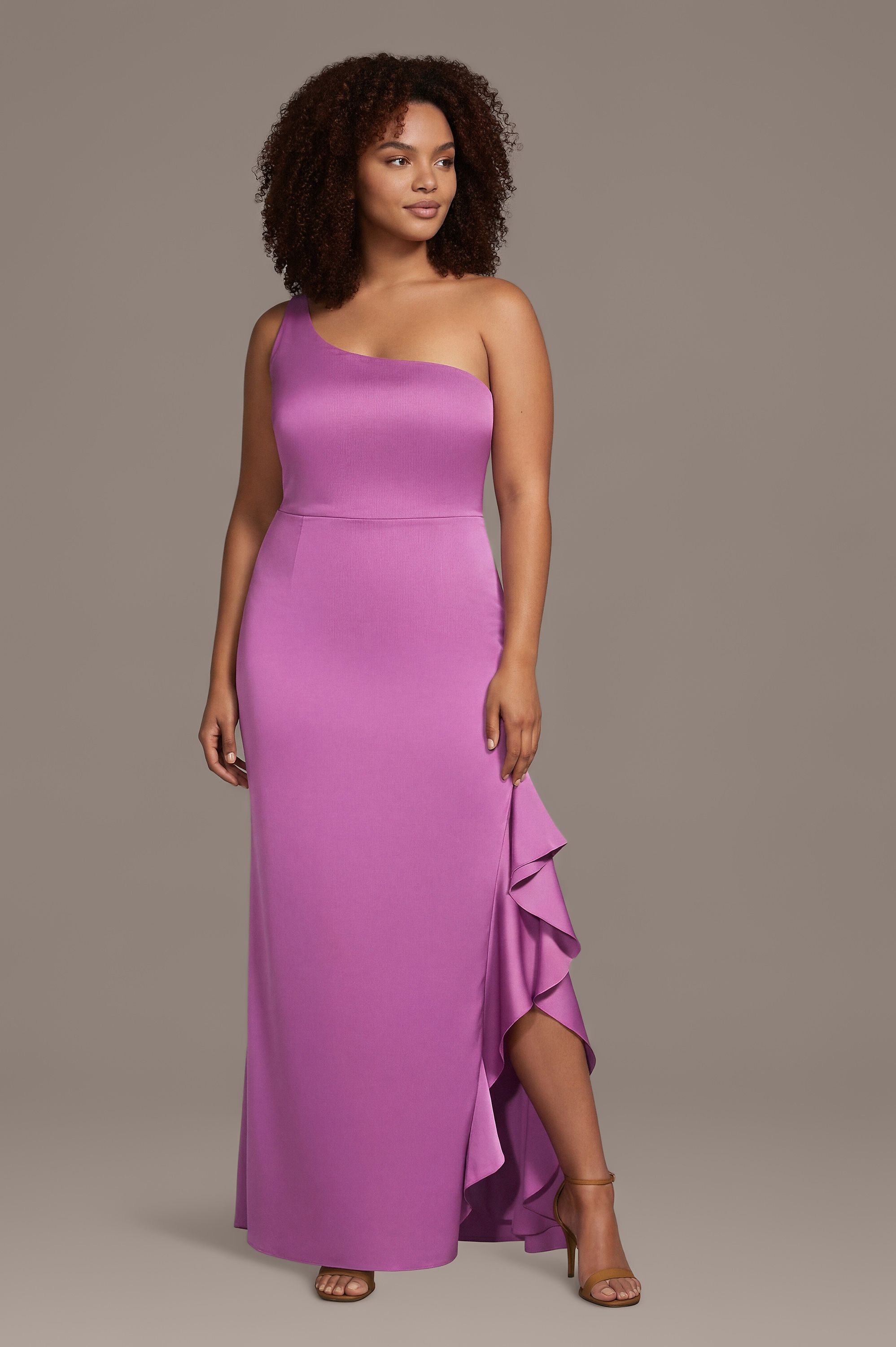 One-Shoulder Crepe Sheath with Slit | David's Bridal