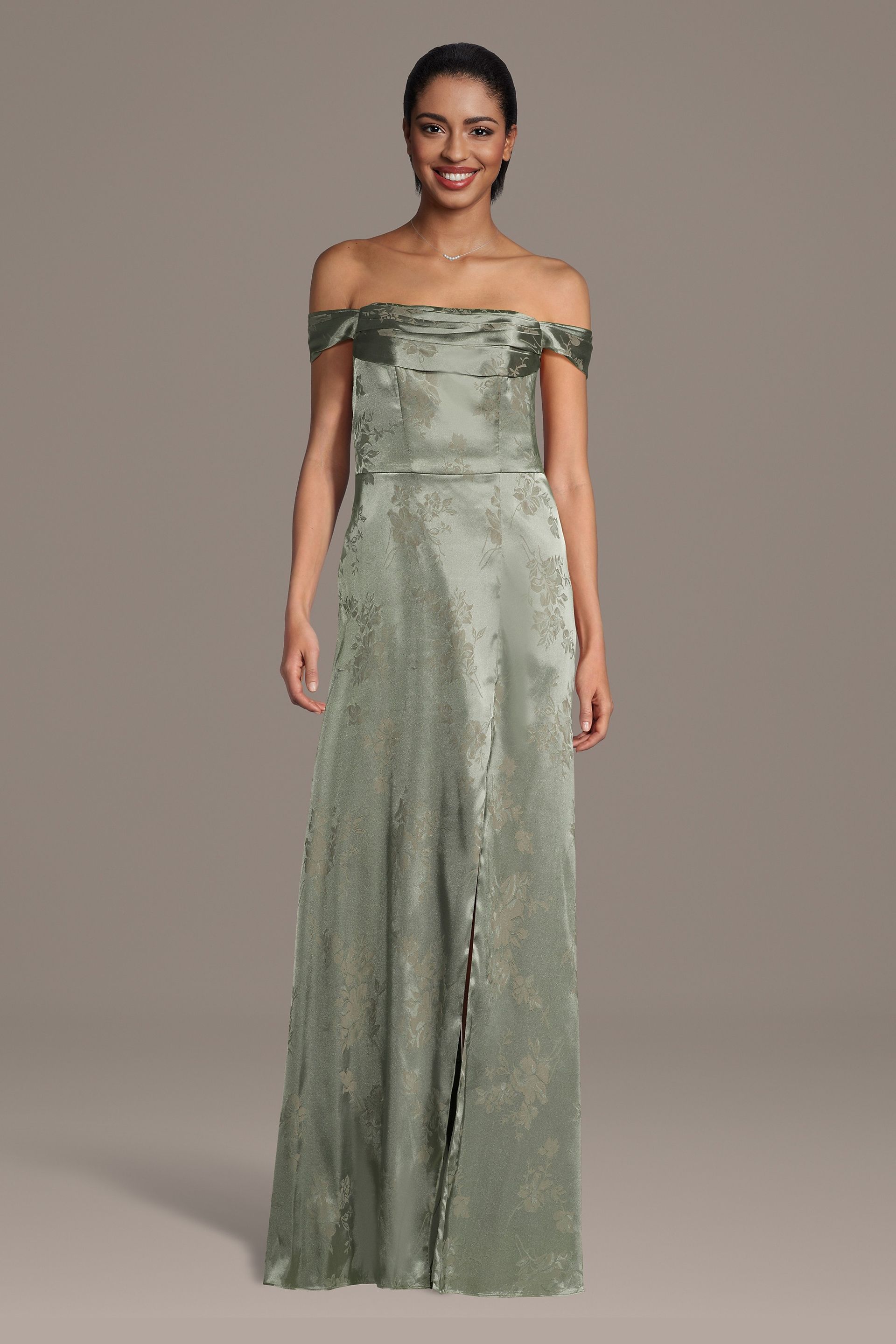 Celebrate DB Studio Jacquard Off-The-Shoulder Cowl Neck A-Line Dress in Eucalyptus Size: Medium David's Bridal