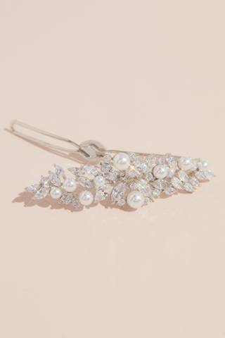 View David's Bridal Leafy Cubic Zirconia and Pearl Hair Pin in all available color and sizes Picture of Leafy Cubic Zirconia and Pearl Hair Pin