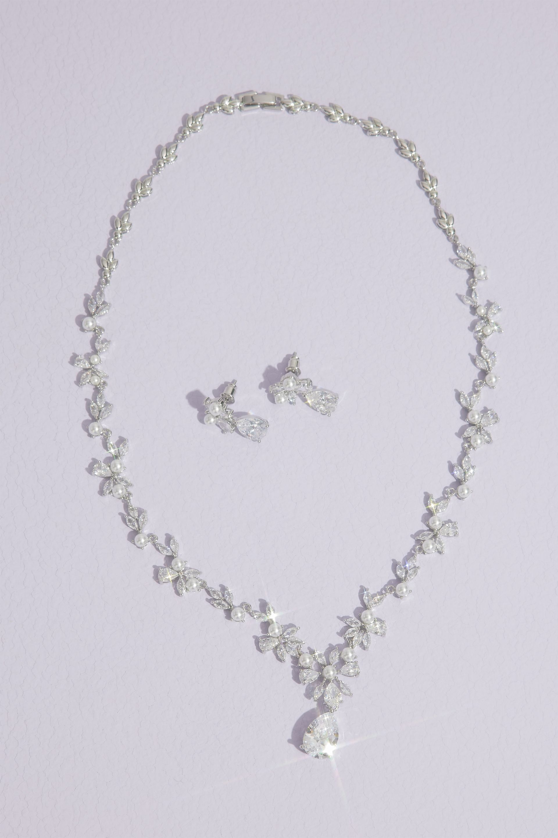 Floral Cubic Zirconia and Pearl Jewelry Set | David's Bridal in Silver