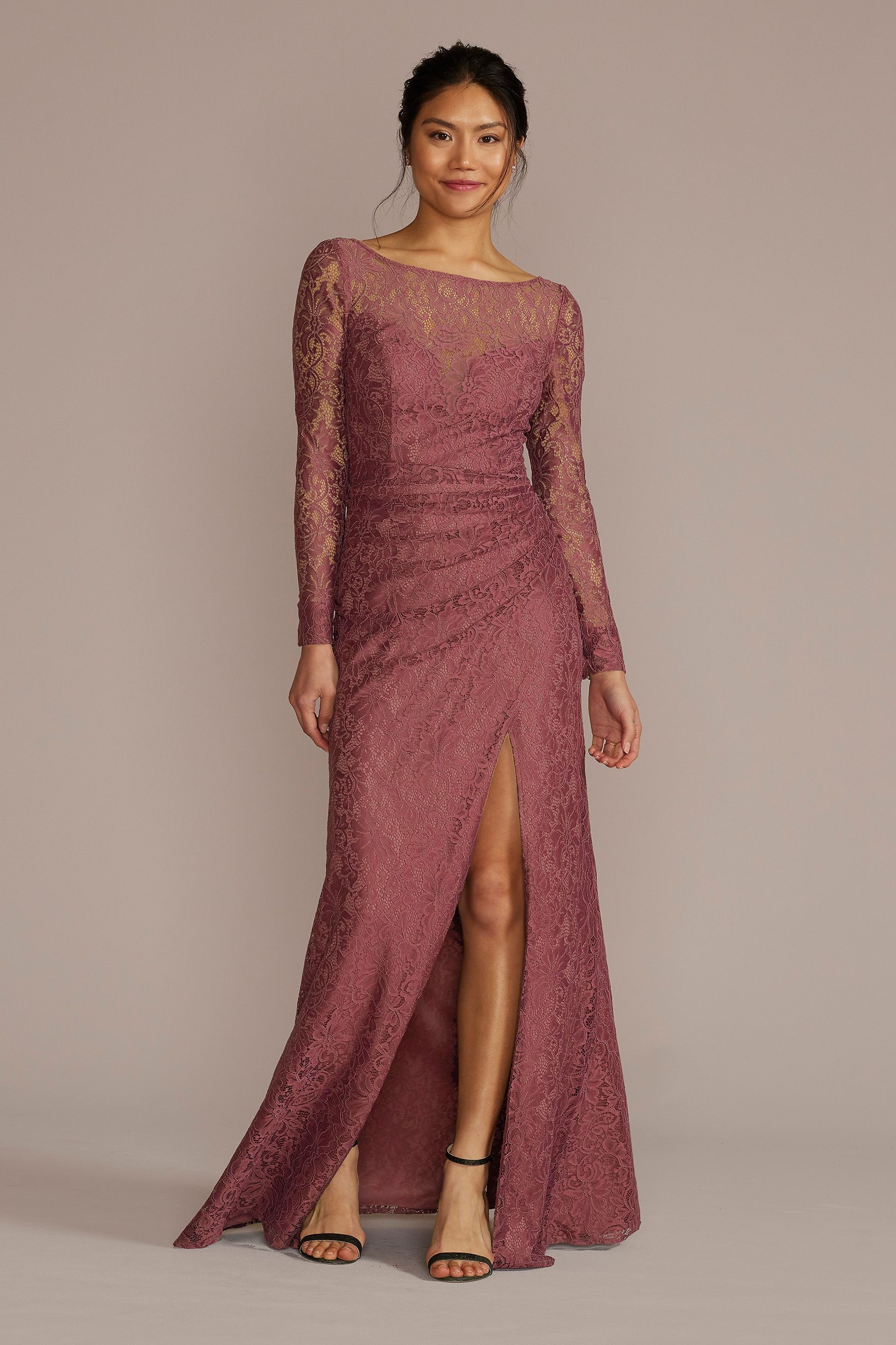 long lace sleeve bridesmaid dress Tall Long-Sleeve with Slit Appliqué detailing and beading