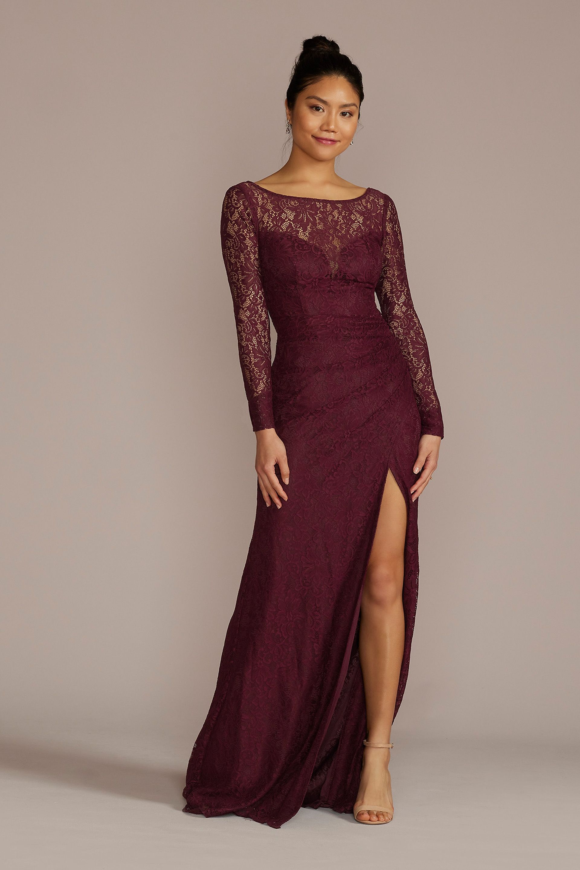 long sleeve lace formal dress Tall Long-Sleeve Bridesmaid with Slit black lace dress with sleeves