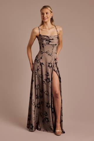 tan floral bridesmaid dress Fia Midi Dress - Tan Floral