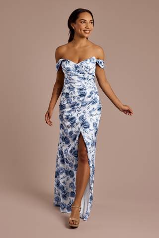 View Galina Signature Floral Matte Satin Off-the-Shoulder Sheath Dress in all available color and sizes Picture of Floral Matte Satin Off-the-Shoulder Sheath Dress