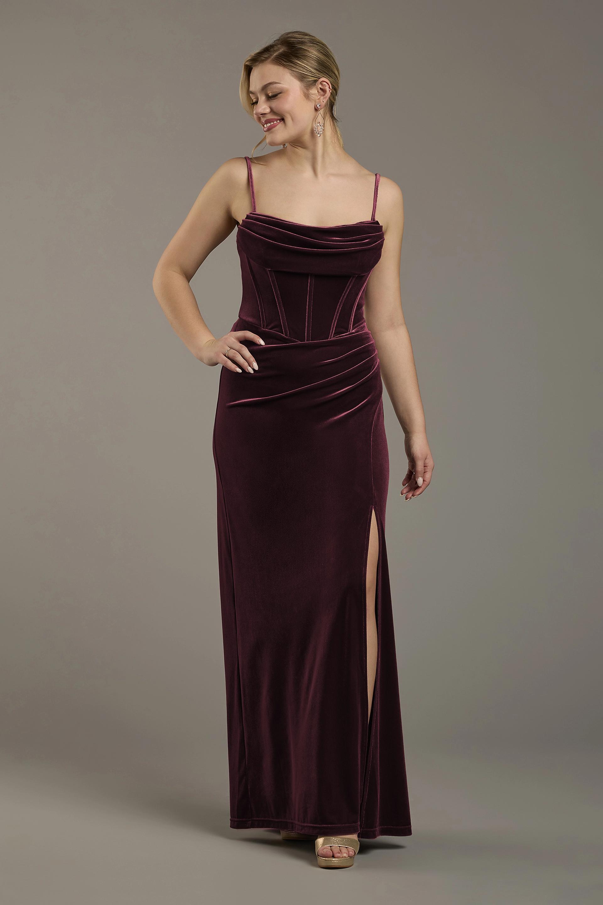 Galina Signature Velvet Corset Bodice Spaghetti Strap Sheath Dress in Wine Size: 12 David's Bridal