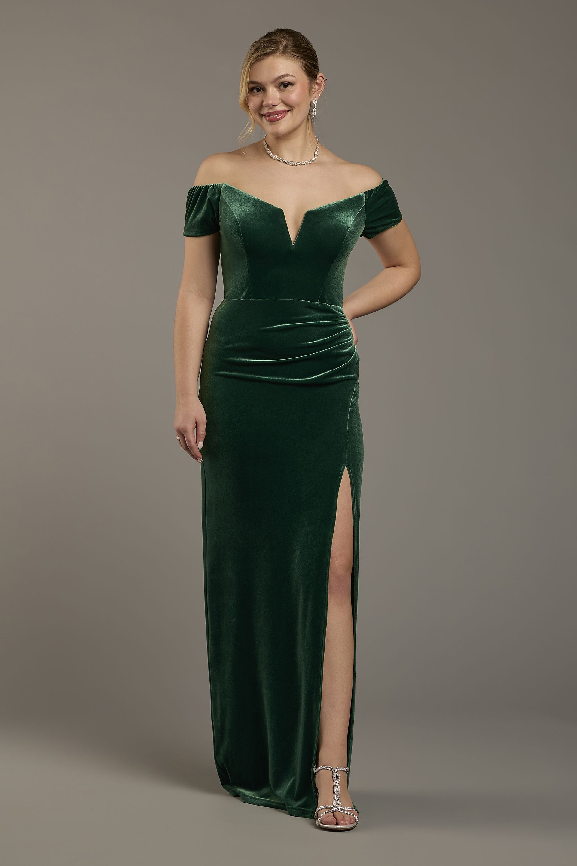 Galina Signature Velvet Off-The-Shoulder Notch Neck Sheath Dress in Juniper Size: 6 David's Bridal