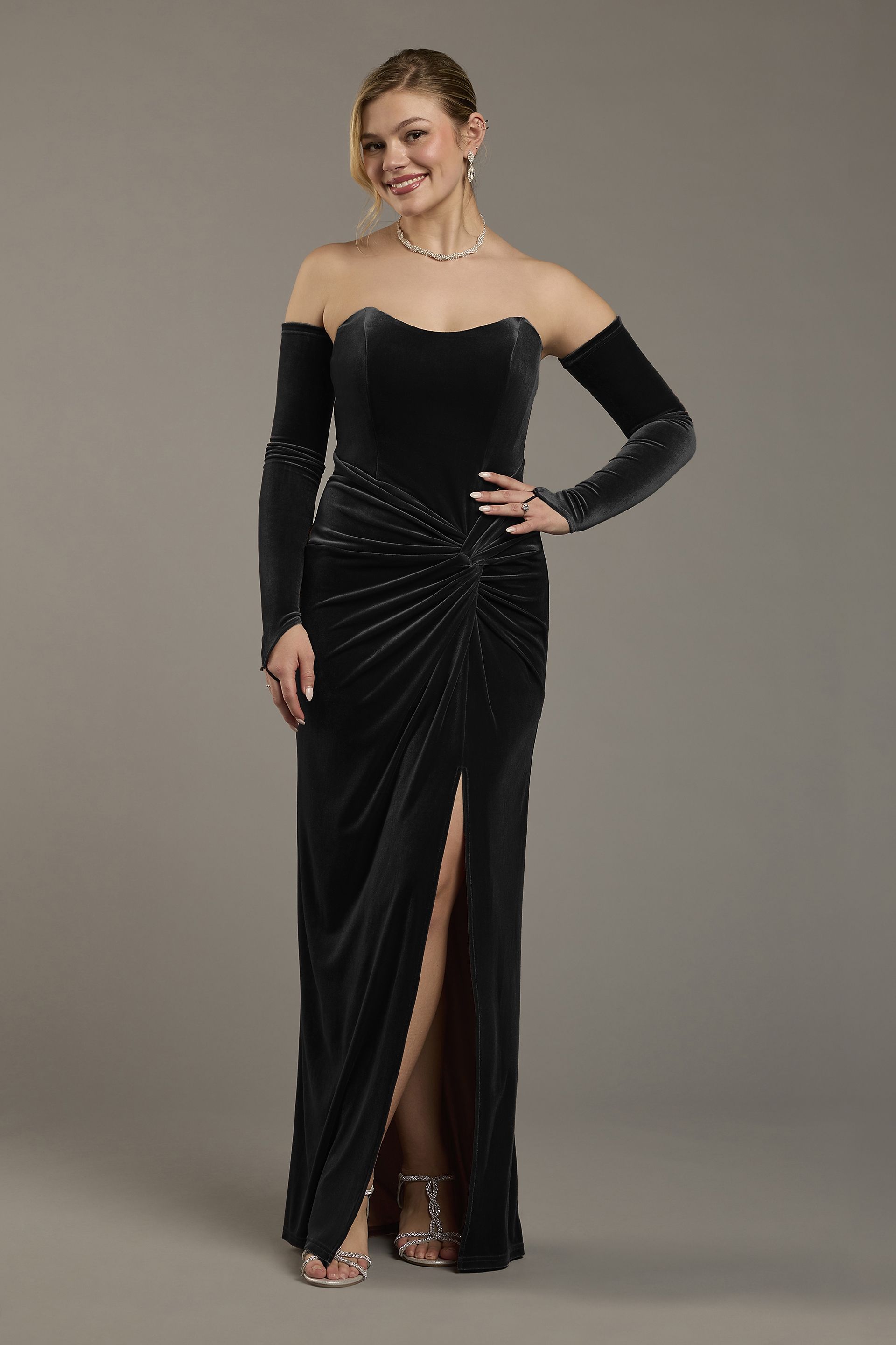 Galina Signature Strapless Velvet Sheath Dress With Matching Gloves in Black Size: 0 David's Bridal