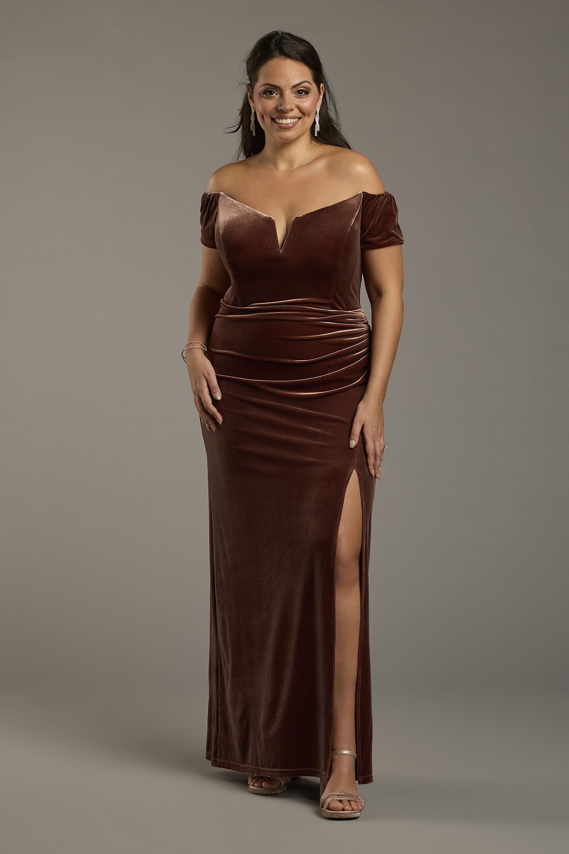 Galina Signature Velvet Off-The-Shoulder Notch Neck Sheath Dress in Chocolate Size: 20 David's Bridal