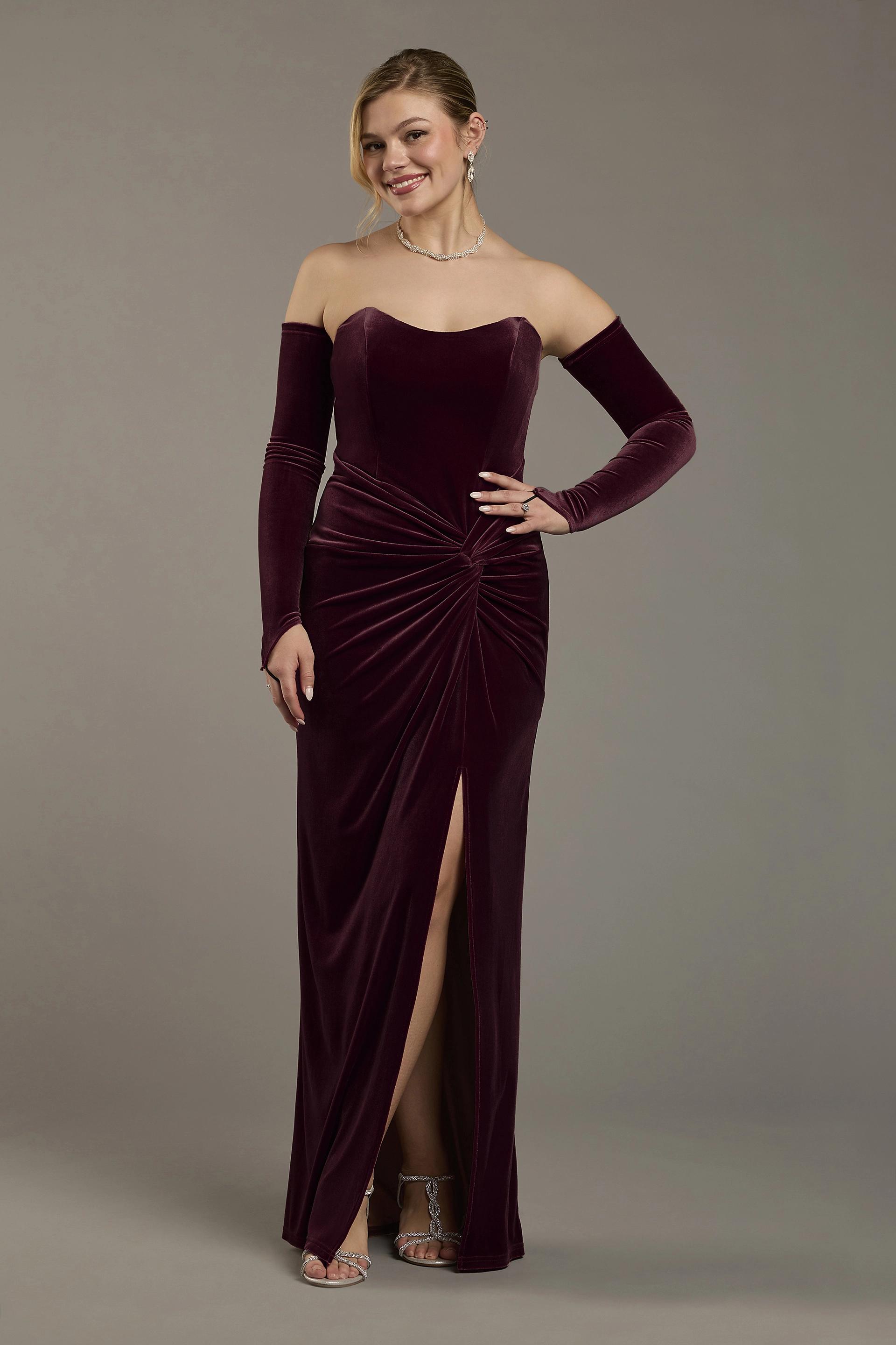 Galina Signature Strapless Velvet Sheath Dress With Matching Gloves in Wine Size: 10 David's Bridal