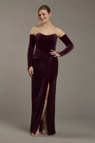 View Galina Signature Strapless Velvet Sheath Dress with Matching Gloves in all available color and sizes Picture of Strapless Velvet Sheath Dress with Matching Gloves