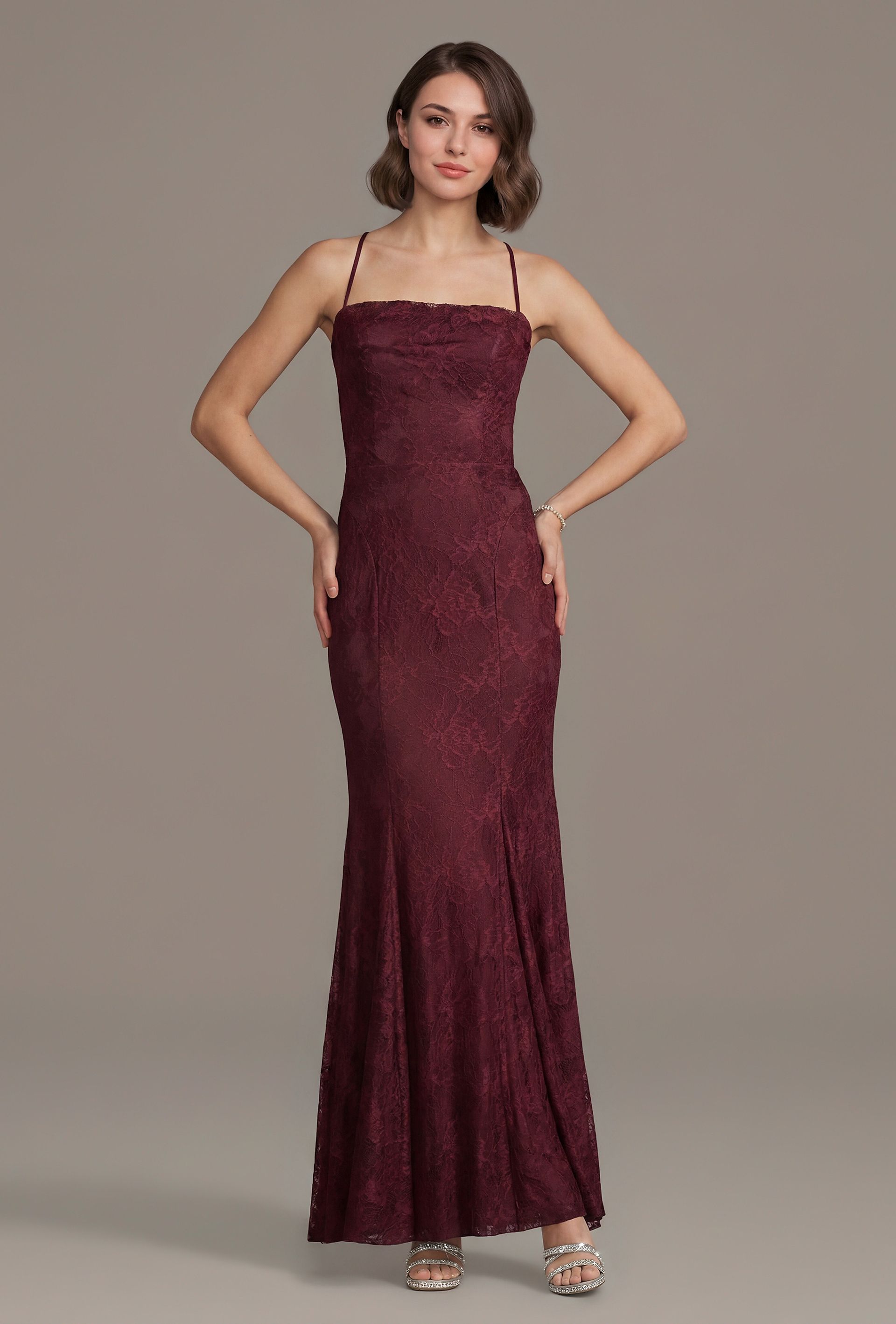 Picture of Lace Spaghetti Strap Cowl Neck Mermaid Dress