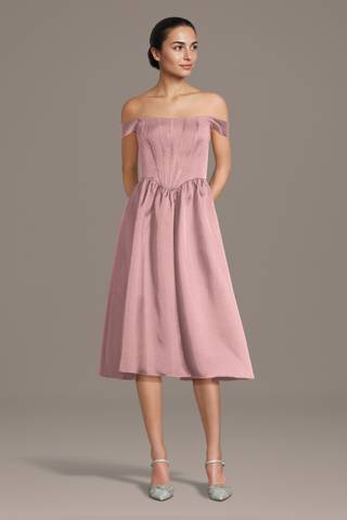 View Galina Signature Mikado Corset Bodice Off-the-Shoulder Midi Dress in all available color and sizes Picture of Mikado Corset Bodice Off-the-Shoulder Midi Dress
