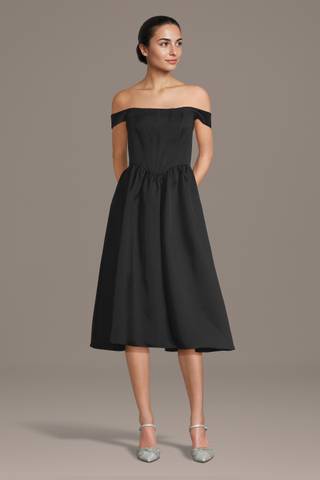 View Galina Signature Mikado Corset Bodice Off-the-Shoulder Midi Dress in all available color and sizes Picture of Mikado Corset Bodice Off-the-Shoulder Midi Dress